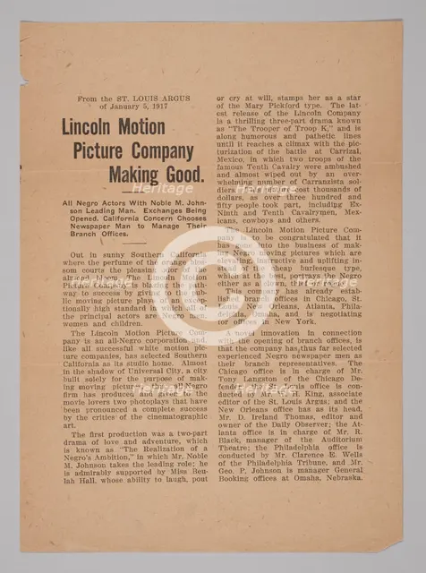 Press Release from the Lincoln Motion Picture Company, January 5, 1917. Creator: Unknown.
