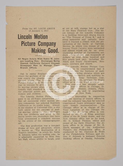 Press Release from the Lincoln Motion Picture Company, January 5, 1917. Creator: Unknown.