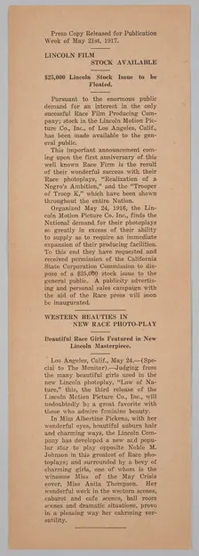Press release from the Lincoln Motion Picture Company, May 21, 1917. Creator: Unknown