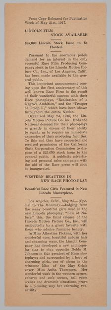 Press release from the Lincoln Motion Picture Company, May 21, 1917. Creator: Unknown