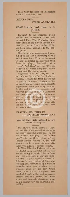 Press release from the Lincoln Motion Picture Company, May 21, 1917. Creator: Unknown.