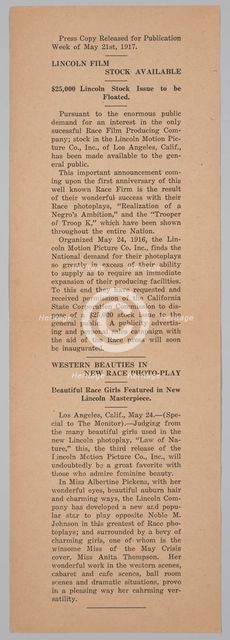 Press release from the Lincoln Motion Picture Company, May 21, 1917. Creator: Unknown.