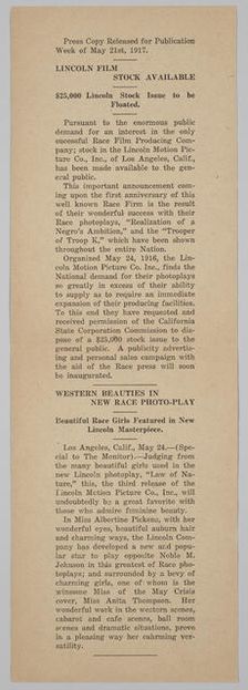 Press release from the Lincoln Motion Picture Company, May 21, 1917. Creator: Unknown