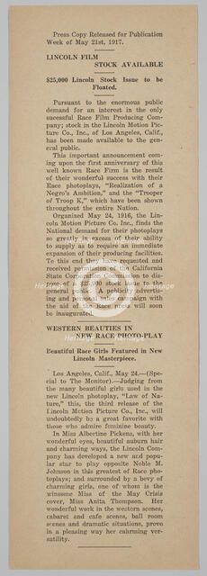 Press release from the Lincoln Motion Picture Company, May 21, 1917. Creator: Unknown.