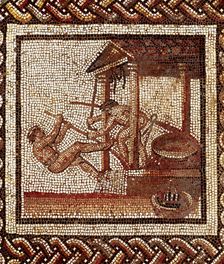 Pressing olives for oil extraction Roman mosaic