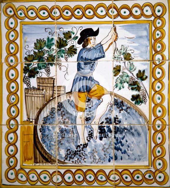 Pressing wine, azulejo (ceramic tile), Catalonia, Spain, 2002. Creator: Unknown.