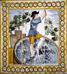 Pressing wine, azulejo (ceramic tile), Catalonia, Spain, 2002. Creator: Unknown
