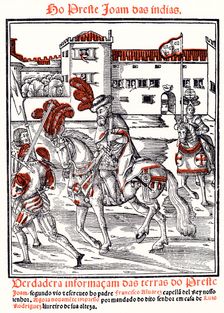 Prester John, legendary Christian priest-king, riding out from a city, 1540