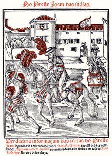 Prester John, legendary Christian priest-king, riding out from a city, 1540