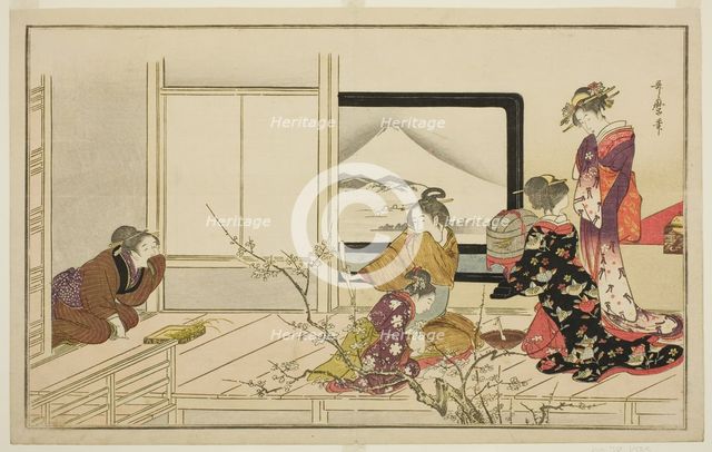 Preparing Food for a Nightingale, from the illustrated kyoka anthology "Men's Stamping..., 1798. Creator: Kitagawa Utamaro.
