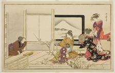 Preparing Food for a Nightingale, from the illustrated kyoka anthology "Men's Stamping..., 1798. Creator: Kitagawa Utamaro