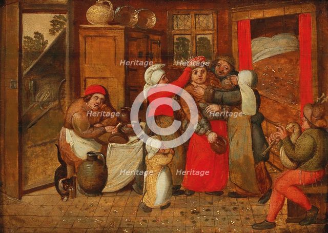 Preparing for the bridal bed, 1570s. Creator: Cleve, Marten van, the Elder (1527-1581).