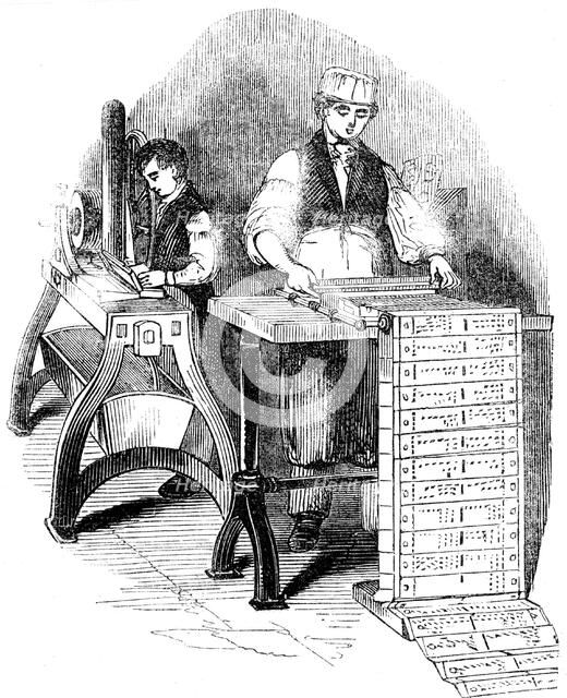 Preparing punched cards for a Jacquard loom, 1844. Artist: Unknown