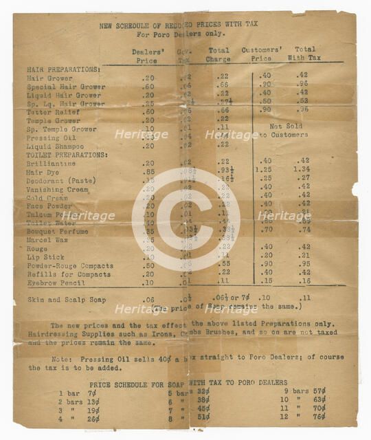 Price list for dealers of Poro beauty products, 1915-1953    . Creator: Unknown.