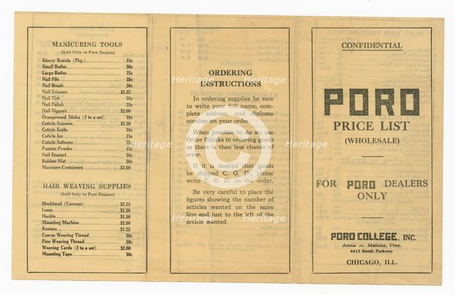 Price list for dealers of Poro products, 1915-1953    . Creator: Unknown.