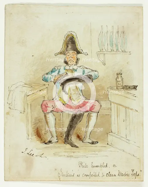 'Pride Humbled or "Jenkins is Compelled to Clean Master's Tops"', 1840-50.  Creator: John Leech.