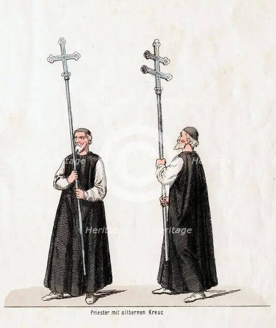 Priest with silver cross, costume design for Shakespeare's play, Henry VIII, 19th century. Artist: Unknown