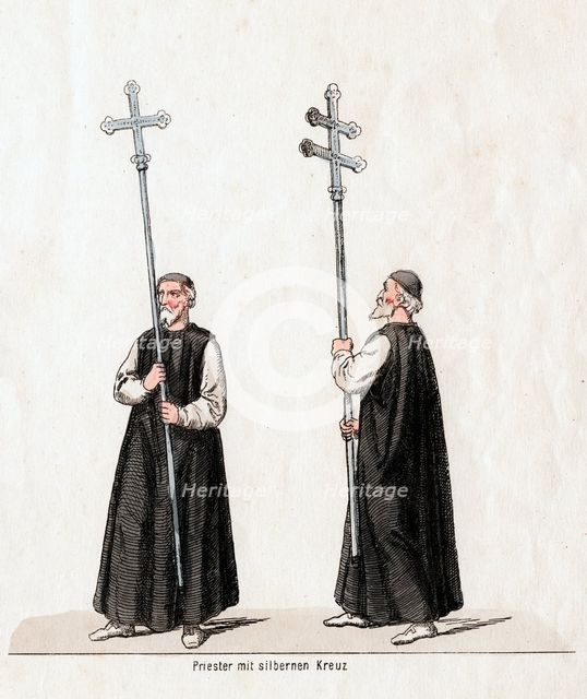 Priest with silver cross, costume design for Shakespeare's play, Henry VIII, 19th century. Artist: Unknown