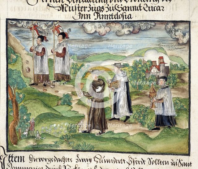 Priests and monks carrying banners, chalice, service books..., 1560-1632. Creator: Unknown.