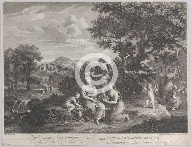 Primavera, a group of women collecting flowers and making crowns from them, ca. 1764. Creator: Giovanni Volpato.