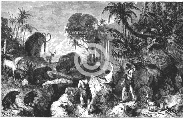 Primitive men defending from animals, engraving, 1900.