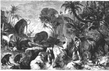 Primitive men defending from animals, engraving, 1900