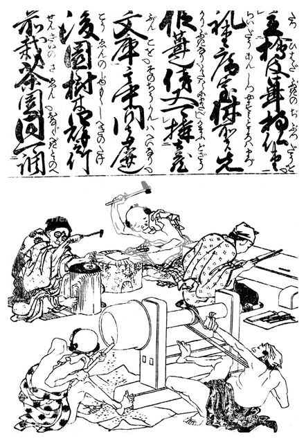 Primitive pole lathe, from a Japanese trades encyclopedia, 1828 (1956). Artist: Unknown