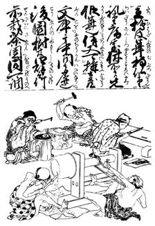 Primitive pole lathe, from a Japanese trades encyclopedia, 1828 (1956)