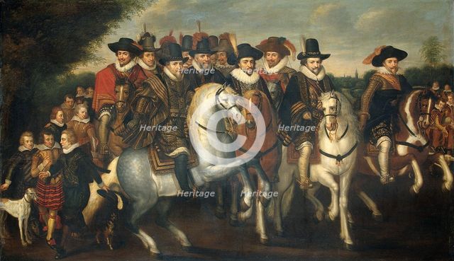 Prince Maurice Accompanied by his two Brothers, Frederick V, Elector Palatine, and Counts..., c.1625 Creator: Follower of Adriaen Pietersz van de Venne.