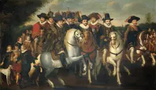 Prince Maurice Accompanied by his two Brothers, Frederick V, Elector Palatine, and Counts..., c.1625 Creator: Follower of Adriaen Pietersz van de Venne