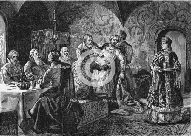 Prince Mikhail Vasiliyevich Skopin-Shuisky at the Feast of Count Vorotynsky. Artist: Zemtsov, Alexander Efimovich (1856-1896)