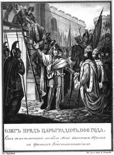 Prince Oleg before the Gates of Constantinople. 906 (From Illustrated Karamzin), 1836. Artist: Chorikov, Boris Artemyevich (1802-1866)