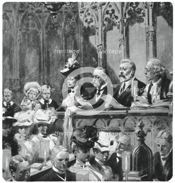 Prince Albert at the abbey thanksgiving service for his parents' safe return from India, 1906 (1937 Artist: Unknown