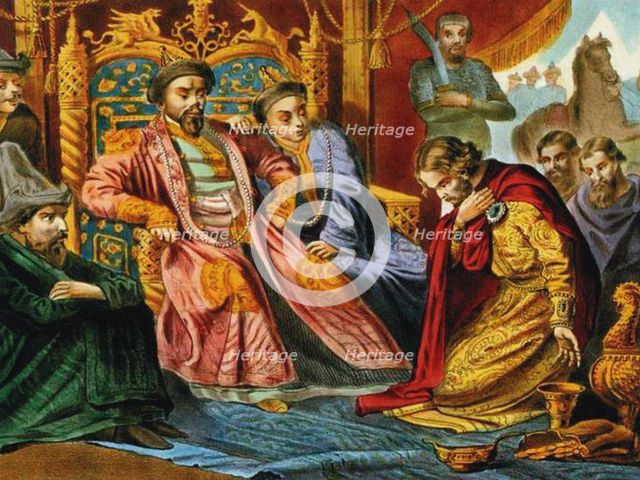 Prince Alexander Nevsky begging Batu Khan for mercy for Russia, End of 19th century. Artist: Anonymous  