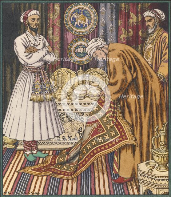 Prince Ali buying a carpet. Illustration for Arabian Fairy Tales. Artist: Bilibin, Ivan Yakovlevich (1876-1942)