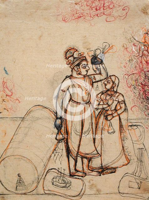 Prince and Princess in the Guise of Krishna and Radha Drinking on a Terrace, c1725. Creator: Unknown.