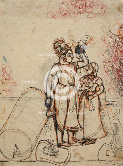 Prince and Princess in the Guise of Krishna and Radha Drinking on a Terrace, c1725. Creator: Unknown.