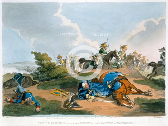 'Prince Blucher under his Horse at the Battle of Waterloo', 1815. Creator: Matthew Dubourg.