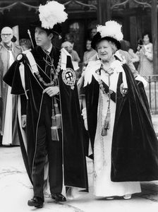 Prince Charles and the Queen Mother leaving St George's Chapel, Garter Ceremony, Windsor, 1977. Creator: Unknown