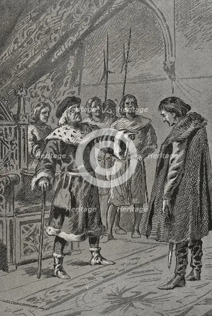 Prince Charles of Viana before his father, King John II of Aragon, in Lérida (Lleida), 1460 (1890).  Creator: Unknown.