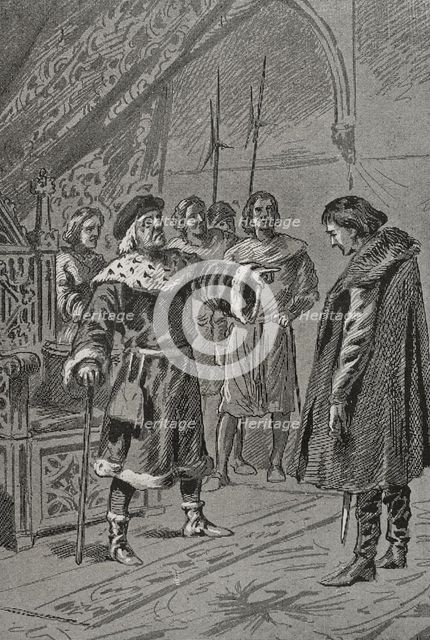 Prince Charles of Viana before his father, King John II of Aragon, in Lérida (Lleida), 1460 (1890).  Creator: Unknown.