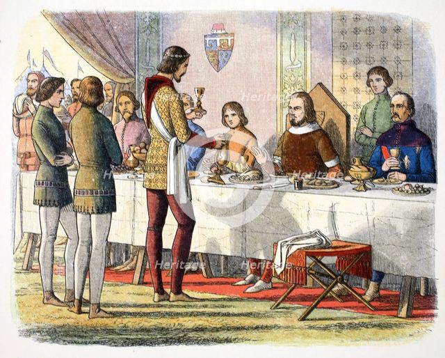 Prince Edward serves John of Artois at table after having defeated him at Poitiers, 1356 (1864). Artist: James William Edmund Doyle