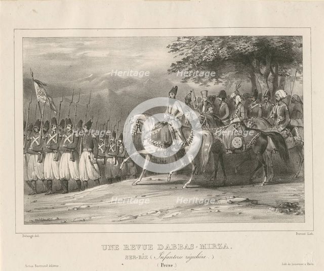 Prince, Field-Marshal Abbas Mirza (1789-1833) inspects infantry regiment, 1835. Artist: Bellangé, Hippolyte (1800-1866)