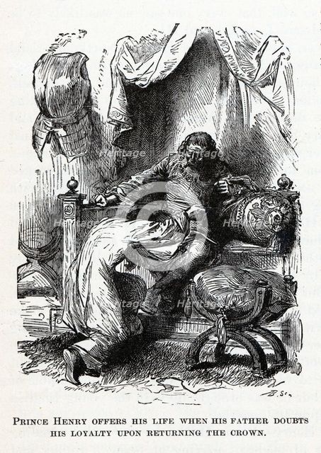 Prince Henry offers his life when his father doubts his loyalty upon returning the crown, 1882. Artist: Anonymous  