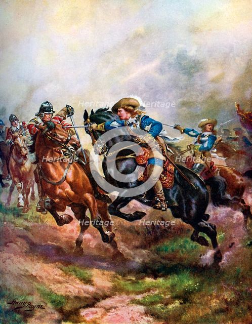 'Prince Rupert's Cavalry Charging at Edgehill in 1642', c1920.  Creator: Harry Payne.
