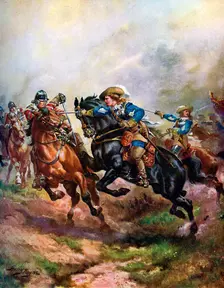 Prince Rupert's Cavalry Charging at Edgehill in 1642 c1920. Creator: Harry Payne