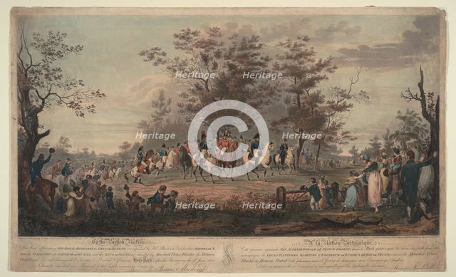 Prince Regent, William III of Prussia, Alexander I, General Blücher and Hetman Platov review troops  Artist: Sauerweid, Alexander Ivanovich (1783-1844)
