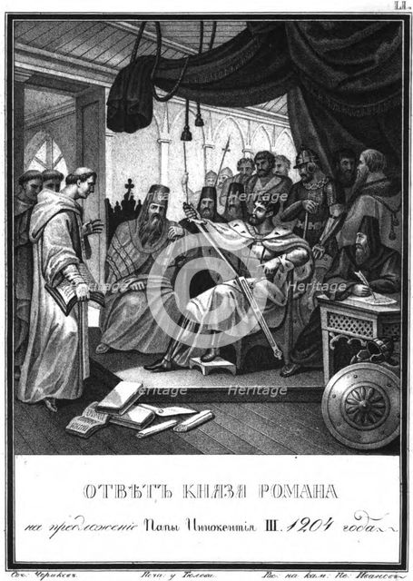 Prince Roman received the ambassadors of Pope Innocent III, 1204 (From Illustrated Karamzin), 1836 Artist: Chorikov, Boris Artemyevich (1802-1866)