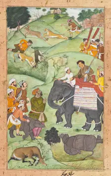 Prince Salim at a Hunt (recto), Calligraphy (verso), Folio from a Shikarn..., between 1600 and 1604. Creator: Muhammad Nasir al-Munshi