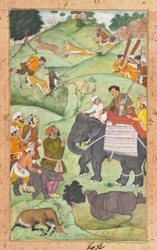 Prince Salim at a Hunt (recto), Calligraphy (verso), Folio from a Shikarn..., between 1600 and 1604. Creator: Muhammad Nasir al-Munshi